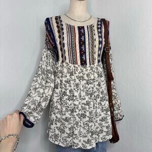 Sunday in Brooklyn Boho Floral & Stripe Mixed Print Long Sleeve Tunic Top Medium